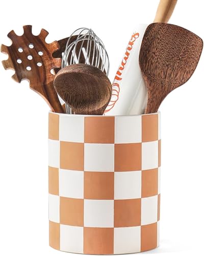 Utensil Holder，7.2 Inch Checkered Utensil Holder, Ceramic Cooking Utensil Spoon/Spatula Holder for Countertop, Kitchen Decor and Accessories for counte(Brown) - color: Brown and White