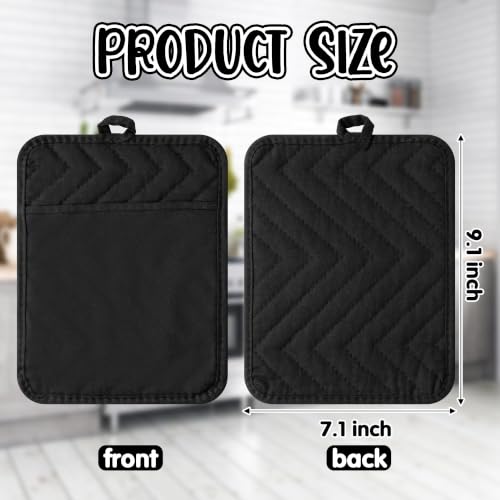 R HORSE 6 Pack Black Gray Check Pot Holders with Pocket, 7''x 9'' | Cotton Plaid Kitchen Potholders, Heat Resistant Oven Mitts, Non-Slip Hot Pads Terry Cloth, Ideal for Cooking, Baking - color: Black Check