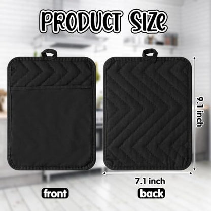 R HORSE 6 Pack Black Gray Check Pot Holders with Pocket, 7''x 9'' | Cotton Plaid Kitchen Potholders, Heat Resistant Oven Mitts, Non-Slip Hot Pads Terry Cloth, Ideal for Cooking, Baking - color: Black Check
