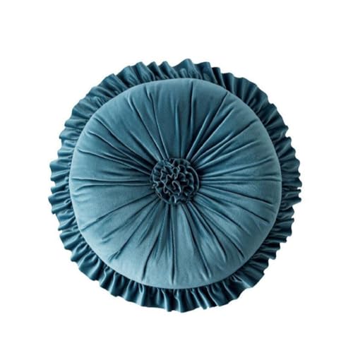 Round Velvet Ruffle Pillow,Round Throw Pillow,Boho Decorative Throw Pillow for Sofa, Bed, Chair, Car & Floor Seating,Floral Circle Cushion for Living Room, Home Decor (Blue) - color: Blue