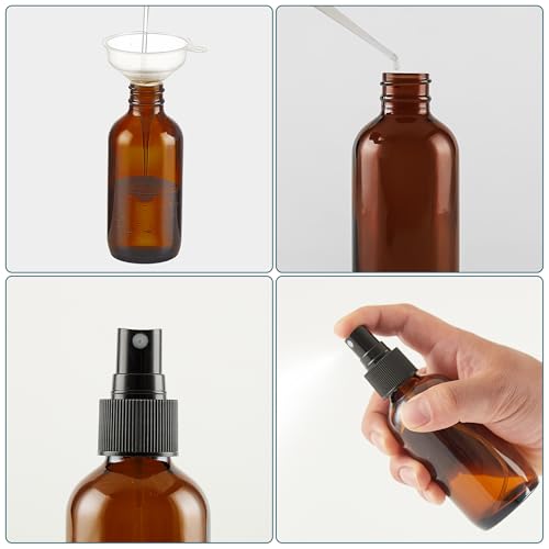 Dark Amber Glass Spray Bottles 4 oz, Small, Fine Mist, 4 Pack | For Essential Oils, Facial Care, Hair Care, Perfumes, Plants, Room Sprays, Travel, Cleaning Solutions