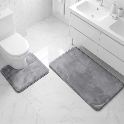 Muddy Mat® Memory Foam Bath Mat Set 2 Piece – Velvet Soft Non Slip Bathroom Rugs Set, Thick Absorbent Washable Bath Mats for Bathroom Floor and Shower, Grey 20"x30" + 20"x20" U-Shaped - color: Grey