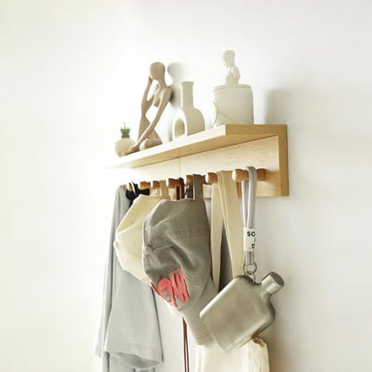 Small Entryway Shelf with Hooks, Wall Mounted Coat Rack with Shelf for Small Spaces, Wooden Floating Wall Organizer for Entryway, Mudroom, Nursery, Bathroom & Kitchen (Oak Finish) - color: Oak Finish