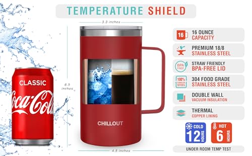 CHILLOUT LIFE Stainless Steel 20 oz Vacuum Insulated Coffee Mug with Handle and Lid, Large Thermal Camping Coffee Mug Cup with Durable Sliding Lid for Men & Women, Keeps your Beverages Hot/Cold - color: Cherry Red, size: 20 Ounces
