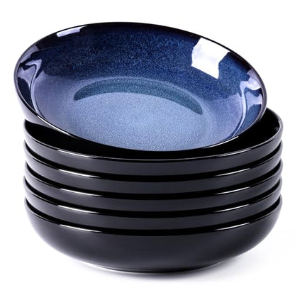 LERATIO 9.0" Ceramic Pasta Bowls Set of 6,38oz Large Stoneware Bowls Set | Reactive Glaze Serving Bowls Set,Wide Bowl for Pasta,Salad,Fruit & Noodles,Housewarming & Wedding Gift - color: Blue, size: Set of 6