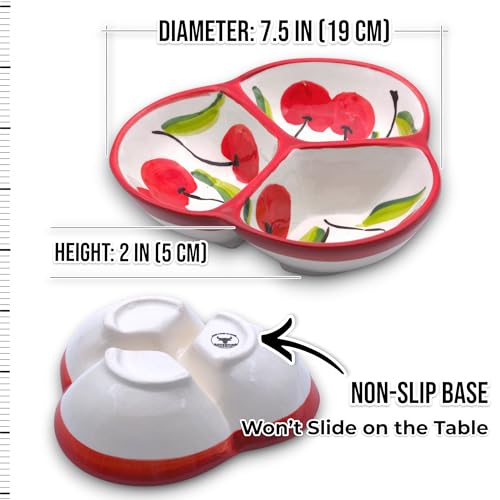 3-Compartment Ceramic Serving Dish, Handmade in Spain | 7.5” divided chip and dip bowl with lead-free glaze, microwave, oven and dishwasher safe, ideal for tapas, snacks and sauces - color: Cherry Bliss