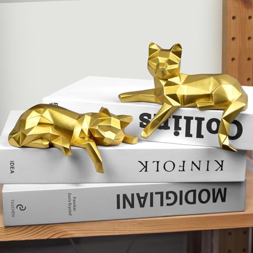 Bookshelf Decor Cat Statue, Modern Geometric Cat Figurines Set of 2 | Animal Sculptures for Living Room Office Shelves Coffee Table Desk Decor – Minimalist Home Gift (Gold) - color: Gold