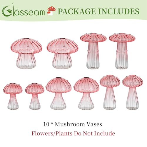 Glasseam Mushroom Plant Propagation Station: 5 Pcs Pink Glass Terrarium Jar | Handmade, Small Hydroponic Planters, Pothos Cutting Propagation Vase, Windowsill, Office, Table Centerpieces, Gifts for Women - color: Pink, size: 10