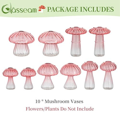 Glasseam Mushroom Plant Propagation Station: 5 Pcs Pink Glass Terrarium Jar | Handmade, Small Hydroponic Planters, Pothos Cutting Propagation Vase, Windowsill, Office, Table Centerpieces, Gifts for Women - color: Pink, size: 10