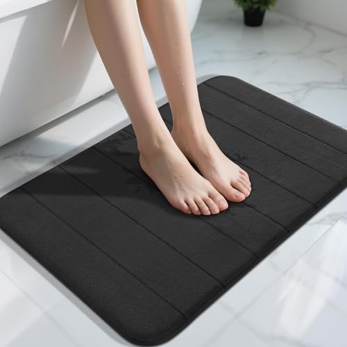 Yimobra Memory Foam Bath Mat, Super Soft Absorbent Bathroom Rug Non Slip 31.5x20 Inch, Quick Dry, Machine Washable Floor Carpet for Tub Shower, Home Decor Accessories, Black - color: Black, size: 31.5" X 20"