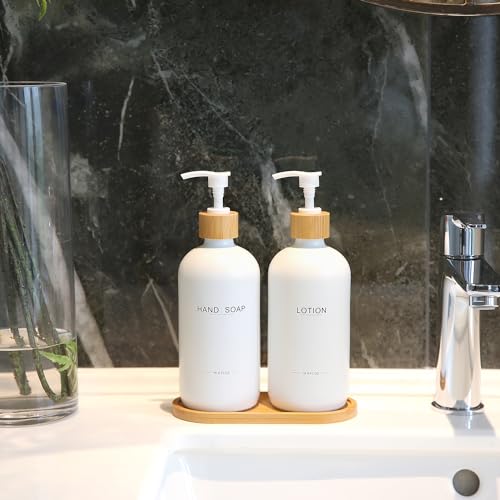 Bathroom Soap Dispenser Set, White | Bamboo Pumps & Tray, Lotion Dispenser, Hand Soap Dispenser, Bathroom Counter Decor - color: Hl White