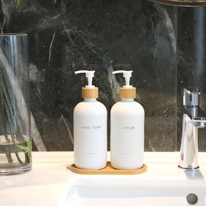 Bathroom Soap Dispenser Set, White | Bamboo Pumps & Tray, Lotion Dispenser, Hand Soap Dispenser, Bathroom Counter Decor - color: Hl White
