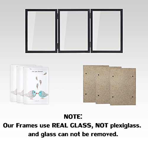 WUTL 3 Picture Frame Triple Collage 5x7 Frames with Real Glass Black | Trifold Photo Frame, Hinged Foldable, Crystal Clear Real Glass - color: Black, size: 5x7
