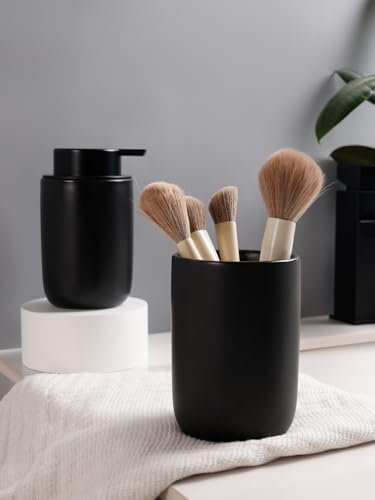 Bosilunlife Soap Dispenser and Toothbrush Holder Set - 11Oz Foam Soap Dispenser Pump Ceramic Bathroom Counter Soap Toothbrush Holder Set Black Bathroom Accessories Set - color: Black-cylinder Foam