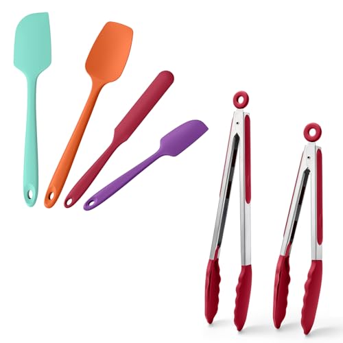 Doosu 600°F Heat Resistant Kitchen Food Tongs for Cooking with Non-Scratch Silicone Tips (9+12in, Red) & 600°F Heat Resistant Spatula Set of 4 for Cooking Baking Stirring (Aqua Sky+Orange+Red+Purple)
