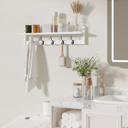 BAMEOS Wall-Mounted Wood Shelf with 5 Dual Hooks for Bathroom, Living Room, Bedroom (White-with Shelf) - style: White-28.9IN with shelf