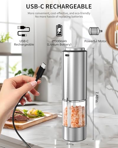 CIRCLE JOY Electric Pepper Grinder Stainless Steel Rechargeable Pepper Mill with Variable Grinding Speed, External Adjustable Coarseness, 95ml Container and White LED Light, Silver - color: 2-Speed Rechargeable