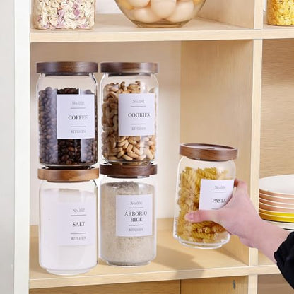 Tzerotone Glass Pantry Storage Jars with Acacia Airtight Lid, 25oz Clear Kitchen Canisters with Wood Lid, 6 Set with 132 Labels for Tea, Sugar, Spice, Herbs - color: 25OZ-6PCS