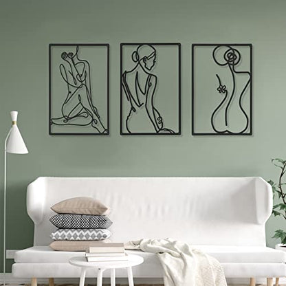 CHENGU 3 Pieces Metal Minimalist Abstract Woman Wall Art Line Drawing Wall Art Decor Single Line Female Home Hanging for Kitchen Bathroom Living Room - style: Elegant Style