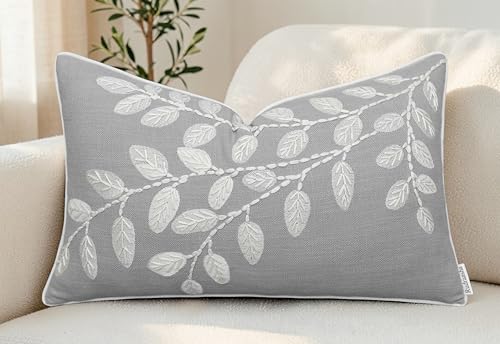 Rudransha Hand Embroidered Cotton Lumbar Pillow Cover - 12x20 Light Grey Botanical Leaf Accent - Hazel Leaves - color: Light Grey-hazel, size: 20" x 12" (Pack of 1)