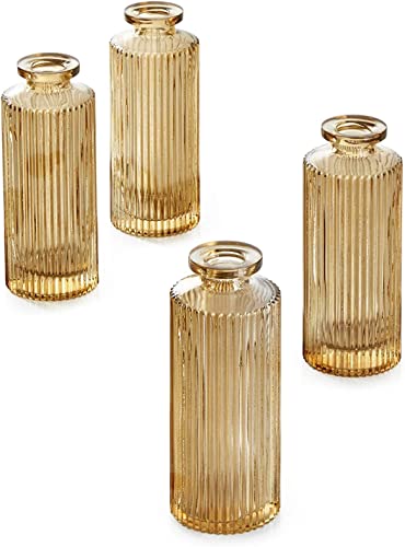 Serene Spaces Living Amber Ribbed Bottle Bud Vase, Table Centerpiece for Home Decor, Events, Weddings, Birthdays, Holidays, Parties, 2" Diameter & 5.25" Tall, Pack of 24 - color: Yellow