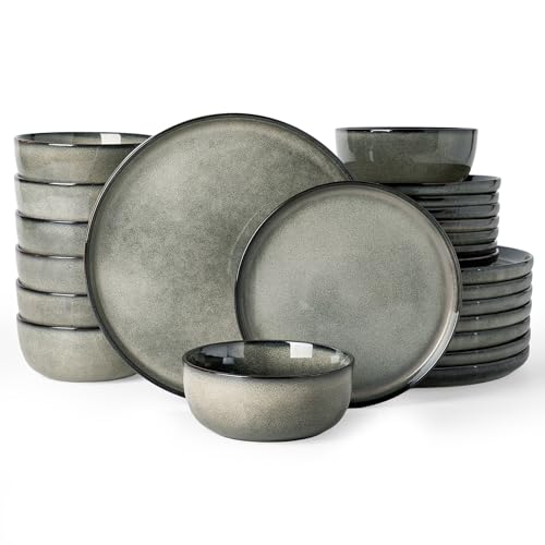 Famiware Milkyway 24-Piece Stoneware Dinnerware Set, Greenish Brown | Plates and Bowls for 8, Handmade Reactive Glaze Dish Set, Microwave & Dishwasher Safe, Chip & Scratch Resistant - color: Greenish Brown, size: Service for 8 (Standard Dinner Set)