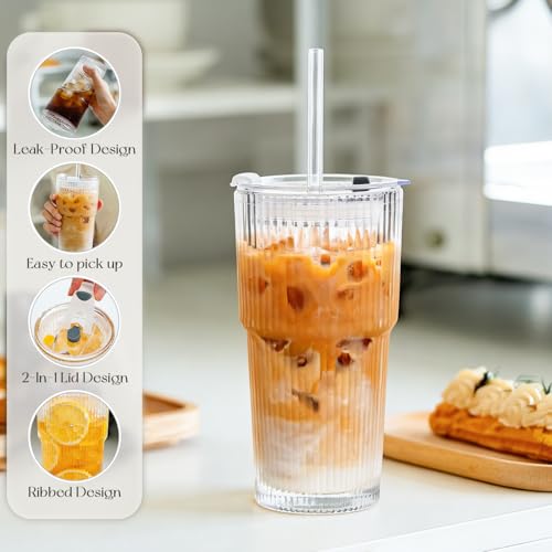 KEMORELA 20oz Ribbed glass cups with lids and straws, Iced Coffee Cups | Reusable thick-wall glass, Leak-Proof Lids, Fits Most Car Cup Holders, For Iced Coffee and Cold Drinks, With Cleaning Brush - size: 20oz 0.3"straw