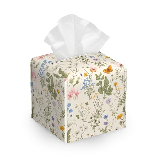 Tissue Box Cover Vintage Floral Herbs Wild Flowers Leather Tissue Holder Organizer Portable Square Decorative Facial Paper Case for Home Office Bathroom Vanity Countertop - color: Vintage Floral Herbs Wild Flowers