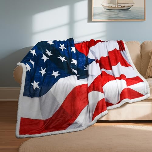 Tirrinia US Flag Patriotic Sherpa Throw American Flag Blanket, Cozy Sherpa Fleece Plush Bed Throw TV Blankets Reversible for Bed or Couch 4th of July Citizenship Election Veteran Gift - color: Fluttering Us Flag