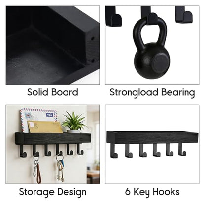 Key Holder Wall Mount with 6 Hooks, Drilling Key Holder for Wall with Wooden Tray, Multifunctional Key Rack with Mail Organizer for Entryway Living Room (Black) - color: Black