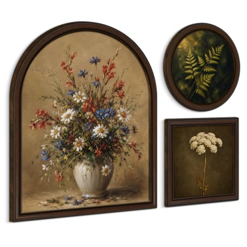 3 Pcs Vintage Floral Wall Art Sign, Framed Wildflower Wall Decor | Moody Botanical Prints for Home Bedroom Living Room Cottage Farmhouse - color: Floral-02