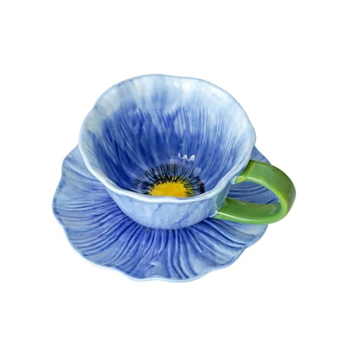 Ceramic Coffee Mug with Saucer Set, 10 Oz Flower Coffee Mug Tea Cup Set for Women, Floral Coffee Latte Mug, Porcelain Fancy Teaware for Birthday Wedding Mother's Day Gift Party (Blue) - color: Blue