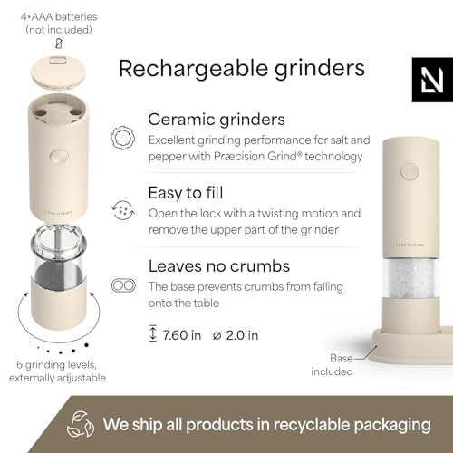 LARS NYSØM Electric Salt and Pepper Grinder Set I Automatic Salt and Pepper Mills with Adjustable Ceramic Grinder I AAA-Battery Operated Electric Spice Mill Set (Cream Beige) - color: Cream Beige