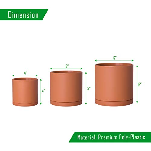 D'vine Dev 3-Pack Plastic Pots & Saucers, 4/5/6 in, Terracotta, 74-V-C-1 | Multi-Size Options, Lightweight Durable, Matte Finish, Cylinder Shape, Drainage Holes, Sleek Design, Detachable Saucer - color: Terracotta, size: Small