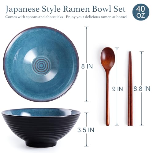 Ceramic Japanese Ramen Bowl Set, 2 Sets Asian Pho Udon Soup Noodle Bowls with Spoons and Chopsticks (Starry Blue, 8 inches) - color: Starry Blue