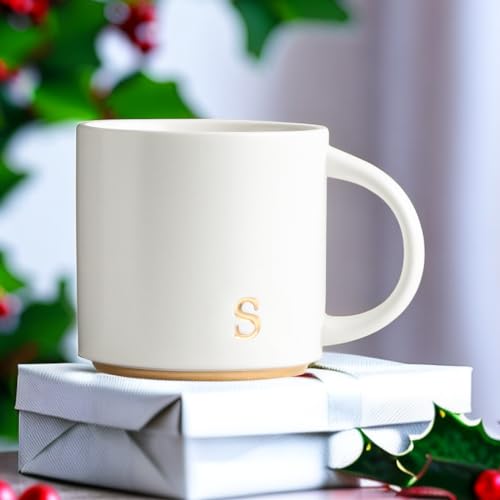 COLLECTIVE HOME Ceramic Coffee Mug, 15 oz Monogram Cup with Gift Box(S) | Dishwasher Safe, Engraved Gold Letter , Personalized Housewarming Birthday Present, Christmas Thanksgiving Mothers Day Gifts - color: gold-s