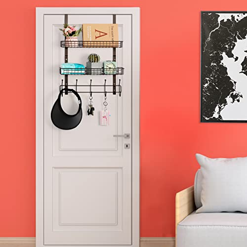OYEAL Over The Door Hook Rack with 5 Hooks 2 Baskets Steel, Sturdy Durable Coat Rack Towel Hooks Hanging Organizer Shelves for Home Bedroom Bathroom Kitchen, Brown - color: Brown