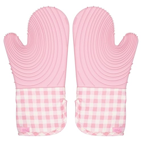 Paris Hilton Oven Mitt Set with Limited Edition Pink Gingham Design, Heat Resistant Pot Holders Featuring Non-Slip Textured Silicone Grips, 2-Piece Set, Pink - style: Pink Gingham