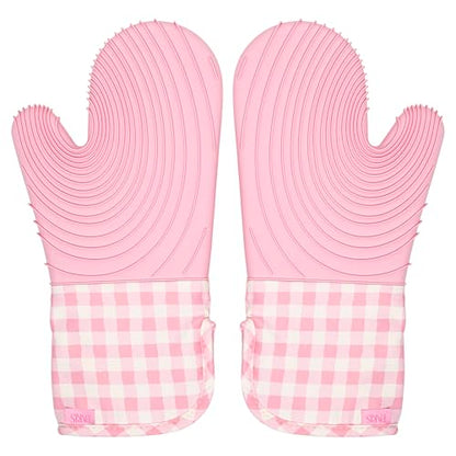 Paris Hilton Oven Mitt Set with Limited Edition Pink Gingham Design, Heat Resistant Pot Holders Featuring Non-Slip Textured Silicone Grips, 2-Piece Set, Pink - style: Pink Gingham