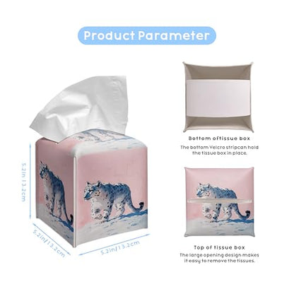 Snow Leopard Art PU Leather Tissue Box Cover 5.2 in | Snow leopard art design; 5.2-inch square PU leather tissue box cover with hand-stitched style and removable liner. - color: Snow Leopard