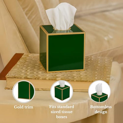 Jaye's Studio Decorative Tissue Box Covers, Green Square Metal Gold Cube | Matte Hand-Painted Finish, Fits Standard Facial Holders, Polished Trim, Open Bottom, Study Powder Room Use - color: Emerald Green