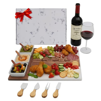 EMM Marble Cutting Board Set, Charcuterie Cheese Boards, 3 Bowls, 3 Spoons, 4 Charcuterie Utensils, Meat, Fruits, Vegetables, Housewarming, Wedding - Home Sweet Home - style: Marble-Home Sweet Home