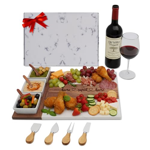 EMM Marble Cutting Board Set, Charcuterie Cheese Boards, 3 Bowls, 3 Spoons, 4 Charcuterie Utensils, Meat, Fruits, Vegetables, Housewarming, Wedding - Home Sweet Home - style: Marble-Home Sweet Home