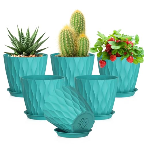 Meowell 5 inch Plant Pots for Indoor Outdoor Plants, 6 Pack Flower Pots with Drainage Holes and Saucers, 3D Modern Wave Texture Small Plastic Planter Pots for Nursery and House Plants, Blue Green - color: Blue Green, size: 5'' 6pcs