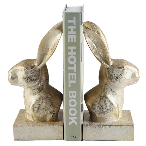 Unique Gold Rabbit Decorative Bookends for Home Office Shelves Decor | Cool Animal Book Stopper Holders for Heavy Books, Cute Bunny Statues Book Ends for Desk Bookshelf Decor with Anti-Slip Base - color: Retro Gold