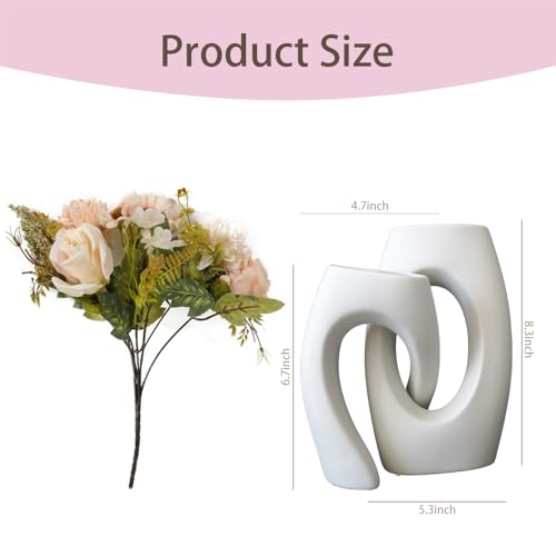 White Ceramic Vase Set of 2 with Champagne Faux Flowers