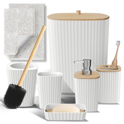 Clara Clark Bathroom Set - White Bathroom Accessories Set, 6PC Bathroom Accessory Set, Bathroom Sets with Bathroom Rugs, Toilet Brush, Trash Can & Soap Dispenser - color: White, size: Complete Set + Bath Rugs