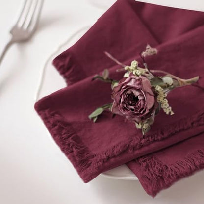 Handmade Cloth Napkins 100% Cotton Napkins with Fringe，Delicate Handmade Cloth Napkins for Dinners, Parties, Weddings and More，18 x 18 Inch Set of 4 - Burgundy - color: Burgundy