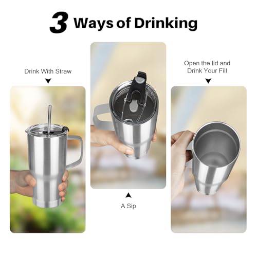 20 oz Tumbler with Handle, Stainless Steel Insulated Tumbler with Lid and Straw, Double Wall Vacuum Coffee Mug Tumbler, Insulated Coffee Thermal Cup for Cold and Hot (Silver) - color: Silver, size: 20 Ounces