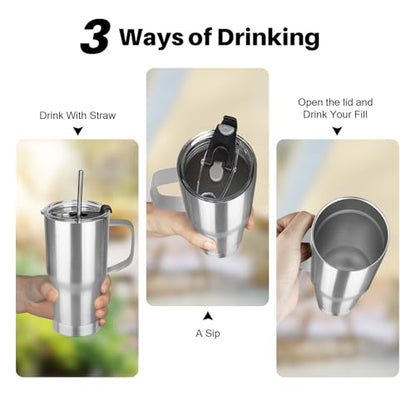 20 oz Tumbler with Handle, Stainless Steel Insulated Tumbler with Lid and Straw, Double Wall Vacuum Coffee Mug Tumbler, Insulated Coffee Thermal Cup for Cold and Hot (Silver) - color: Silver, size: 20 Ounces